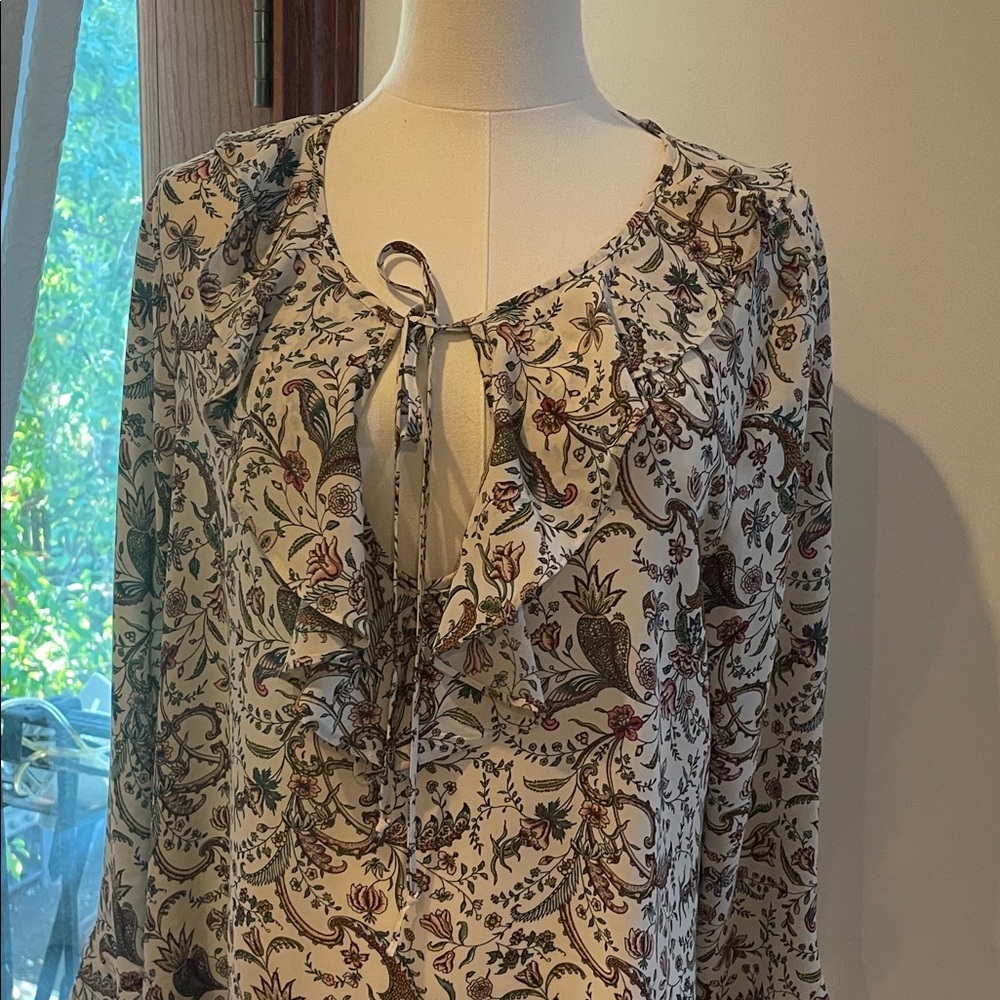 Max Studio Cream and Brown Floral Blouse Large EUC - Picture 6 of 9